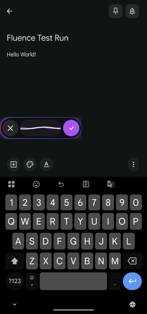 Fluence Android dictation bubble above the keyboard