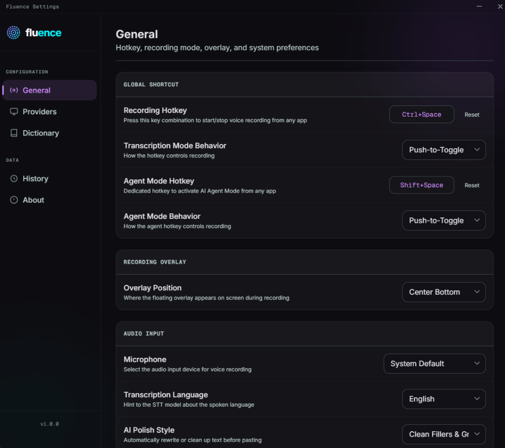 Fluence Windows settings for hotkeys and recording behavior