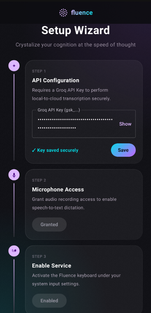 Fluence setup wizard with API configuration and permissions